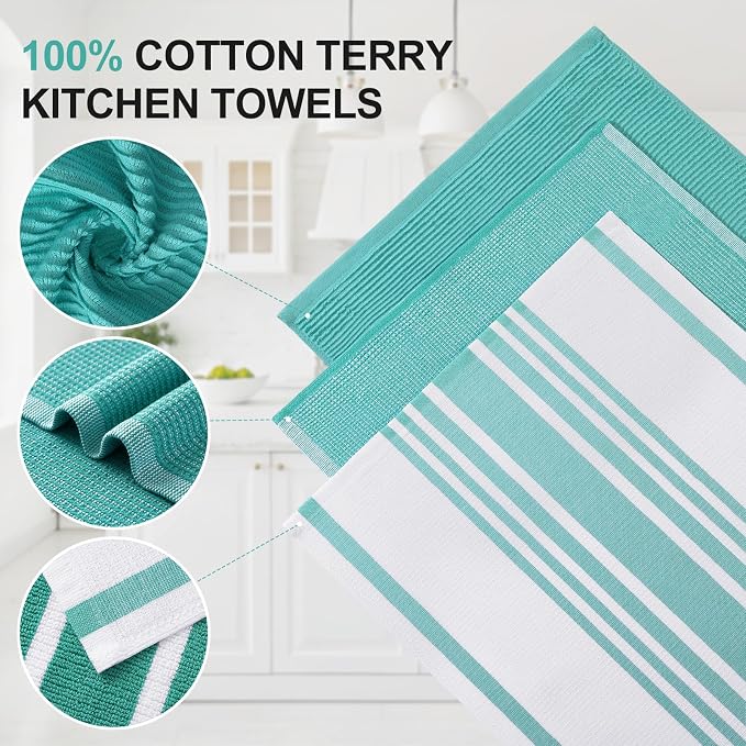 Homaxy Premium Kitchen Towels(18”x 28”, 3 Pack), Large Cotton 380 GSM Kitchen Hand Towels, Soft and Absorbent Terry Dish Towels, Multipurpose Tea Towel Set with Hanging Loop, Teal