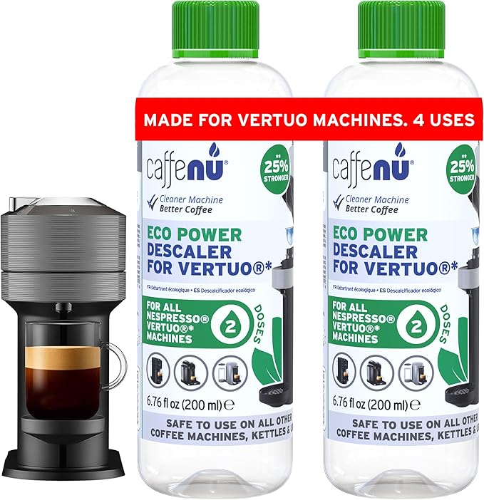Nespresso Compatible Descaling and Cleaning Kit. 2 Bottles of Nespresso Vertuo Descaler Solution. 4 Cleaning Pods