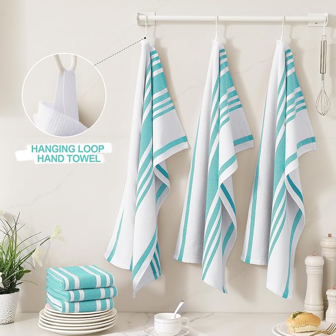 Homaxy Premium Kitchen Towels 18”x 28”, Large Cotton 380 GSM Kitchen Hand Towels, Stripe and Terry Dish Towel, Highly Absorbent Tea Towel Set with Hanging Loop, 8 Pack, Teal