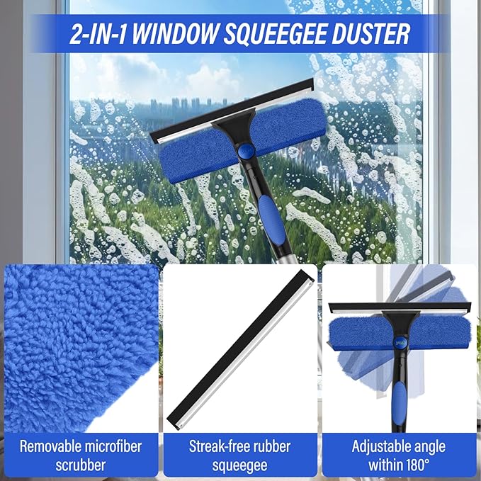 26FT High Window Washing Kit with Extension Pole, 2 in 1 Window Cleaning Squeegee Kit, Cobweb Duster with 5-20FT Telescoping Pole, High Reach Duster Kit for Outdoor, Indoor and Solar Panel Cleaning