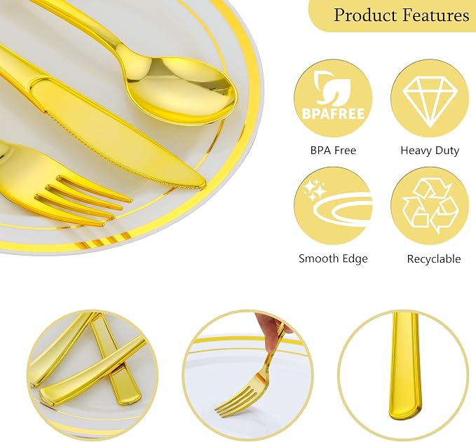 175 PCS Gold Dinnerware Set for 25 Guests, Gold Rimmed White Heavy Duty Plastic Disposable Plates for Party Wedding with 25 Dinner Plates,Dessert Plates, Silverware Set, Cups, Napkins