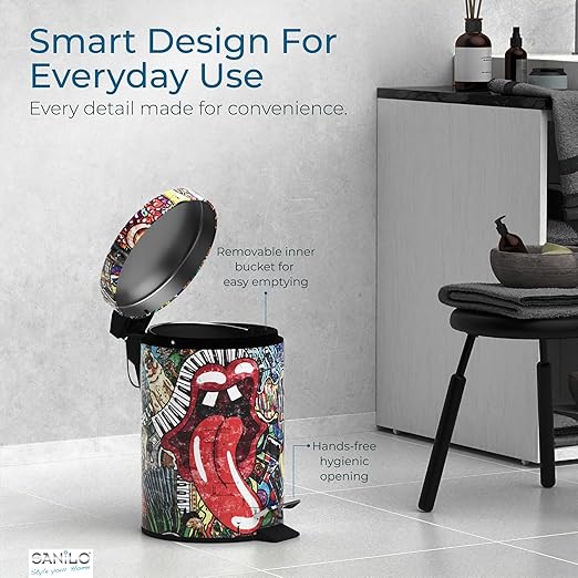 Sanilo Small Bathroom Trash Can with Lid [1.3 Gallon] - Lidded Tiny Trashcan for Garbage - Mini Metal Bin with Soft Closing Mechanism - Bath Room Accessoire Wastebin with Inner Bucket (Graffiti)