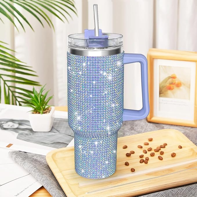 HWISDMIG 40oz Tumbler with Handle-Glitter Rhinestones Tumbler Bling Cups Stainless Steel Water Bottle Diamond Studded Tumbler for Women-Birthday Gifts for Women, Mom, Girlfriend (Light Lilac)