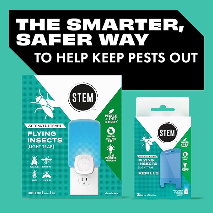 STEM Flying Insect Trap - Indoor Fruit Fly & Gnat Catcher for Home, Kitchen & Any Room, Attracts & Traps Bugs, Soft Blue UV Light - Includes 1 Plug-in Device & 1 Cartridge