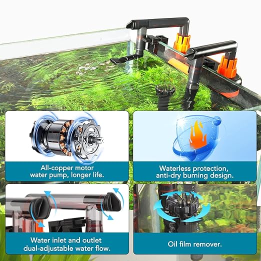 hygger External Hang-On-Back Canister Aquarium Filter,Quiet Fish Tank Filter with 3-Stage Filtration,Anti-Dry Burn Motor,Adjustable Flow,Oil Skimmer,Duckbill Nozzle,Shower Spray Bar (7W,20-40 gal)