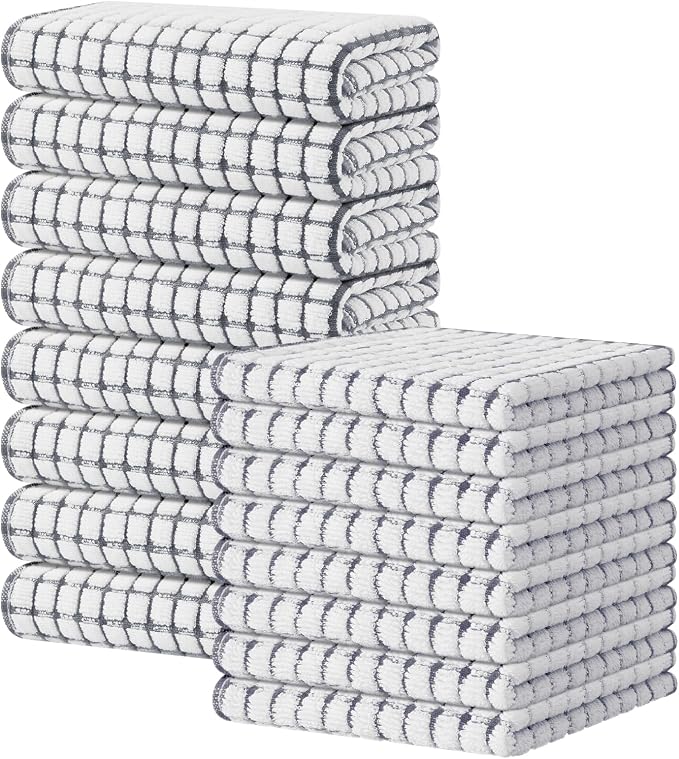 Kitinjoy Cotton 16 Pack Kitchen Towels and Dishcloths Sets, 16 x 25 Inch & 12 X 12 Inch Dish Towels Bulk, Super Soft and Absorbent Hand Towels for Kitchen Drying, Grey
