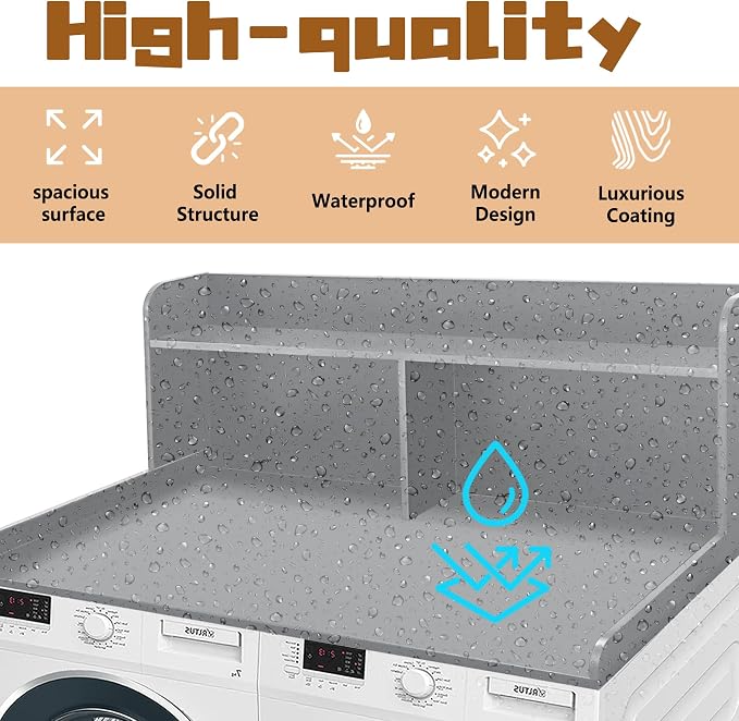Royxen Washer Dryer Countertop with Extra Tall Shelf, 19" Height Washer and Dryer Topper, Laundry Countertop with Non-Slip Pads, Universal Fit for Laundry Room Organization, Grey