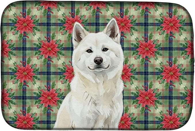 Caroline's Treasures White Akita Christmas PoinsettIas Dish Drying Mat Absorbent Dish Drying Mat Pad for Kitchen Counter Dish Drainer Mat for Countertop, 14 x 21", Multicolor