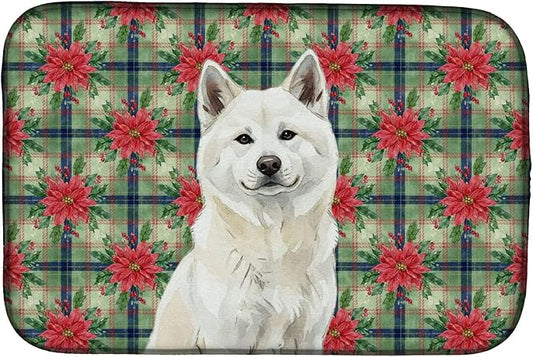 Caroline's Treasures White Akita Christmas PoinsettIas Dish Drying Mat Absorbent Dish Drying Mat Pad for Kitchen Counter Dish Drainer Mat for Countertop, 14 x 21", Multicolor