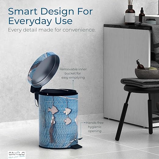 Sanilo Small Bathroom Trash Can with Lid [1.3 Gallon] - Lidded Tiny Trashcan for Garbage - Mini Metal Bin with Soft Closing Mechanism - Bath Room Accessoire Wastebin with Inner Bucket (Seafaring)