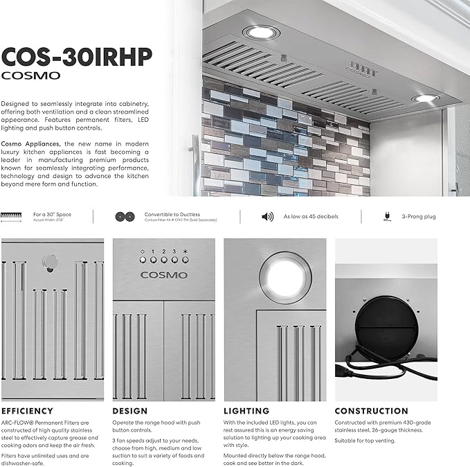 COSMO COS-30IRHP 30 in. Lumin Collection 380 CFM Ducted Insert Range Hood, Button Controls, LED Lights, Stainless Steel