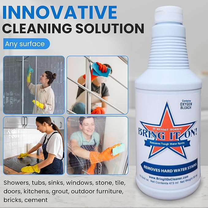 BRING IT ON! CLEANER Hard Water Stain Remover 32 Ounce 2 Pack, Shower Door Cleaner, Clean Tile and Grout, Windows, Fiberglass, Tubs, Chrome