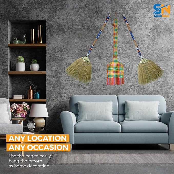 Natural Grass Thai Broom Vintage Retro Embroidered Woven Nylon, Handmade Broom, Housewarming Gift, Witch Broom, Broomstick Bamboo Stick Handle, Kong Grass Broom, Durable Broom for Indoor & Outdoor
