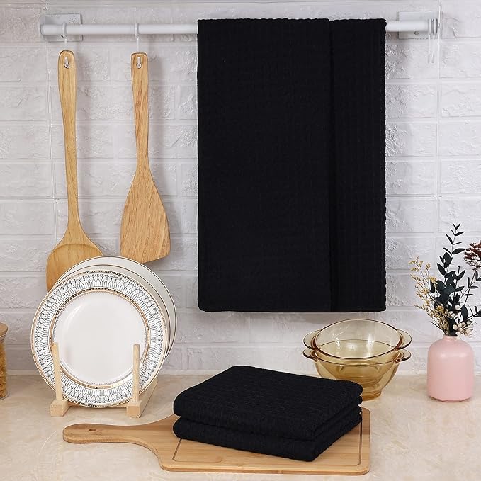 Homaxy Microfiber Waffle Weave Kitchen Towels, 16 x 28 Inch Ultra Absorbent and Solid Color Dish Towels, 4 Pack, Black