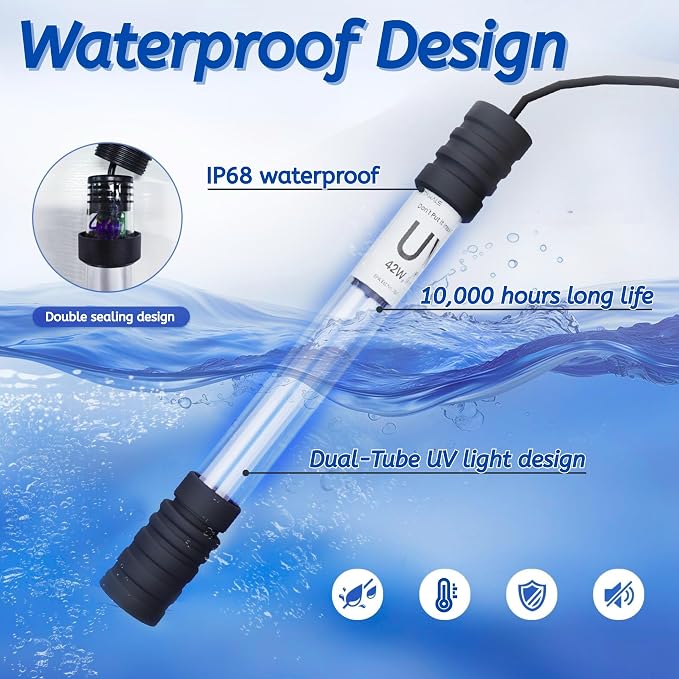 Pond UV Light for Fish Tank UV Pond Water Clarifier for 100-2000 Gallon UV Pond Filter for Koi Pond Swimming Pool,Spa,Large Fish Tank UV Light Aquarium for Outdoor Pond Algae Control（32W）