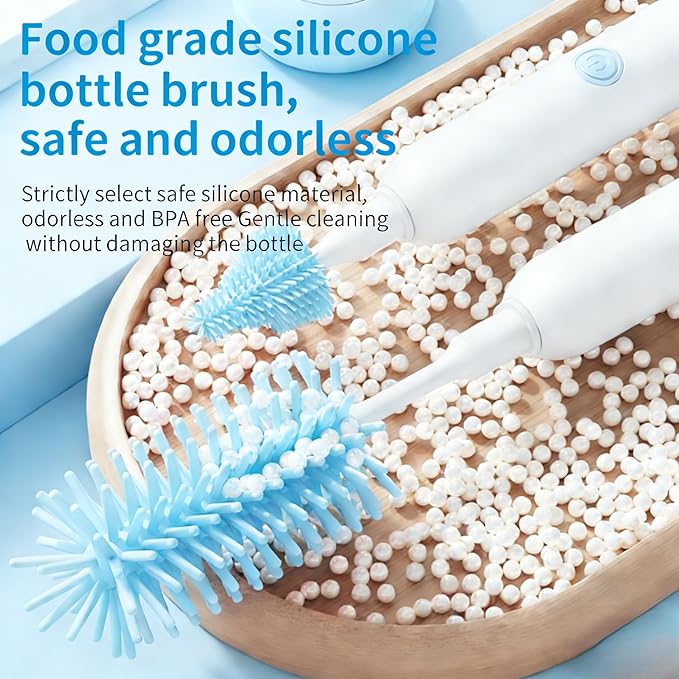 Portable Electric Silicone Bottle Brush Set, 7-in-1 UV Light USB Charging, Nipple/Straw Cleaner, Milk Mixer, Built-in Drying Rack & Storage Case, BPA-Free, IPX7, On-the-Go for New Parents (Sky)