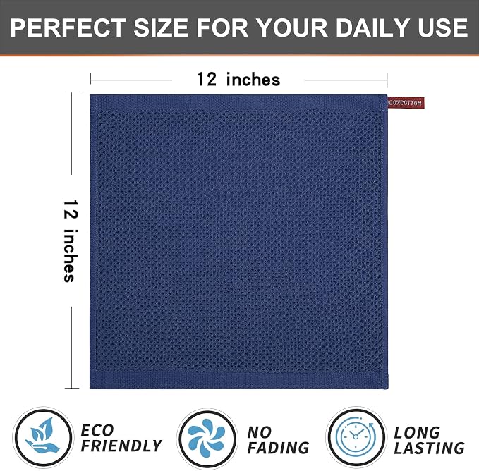 Kitinjoy 100% Cotton Kitchen Dish Cloths (12 X 12 Inches, Navy Blue), 6 Pack Waffle Weave Ultra Soft Absorbent Dish Towels for Drying Dishes Quick Drying Kitchen Towels Dish Rags