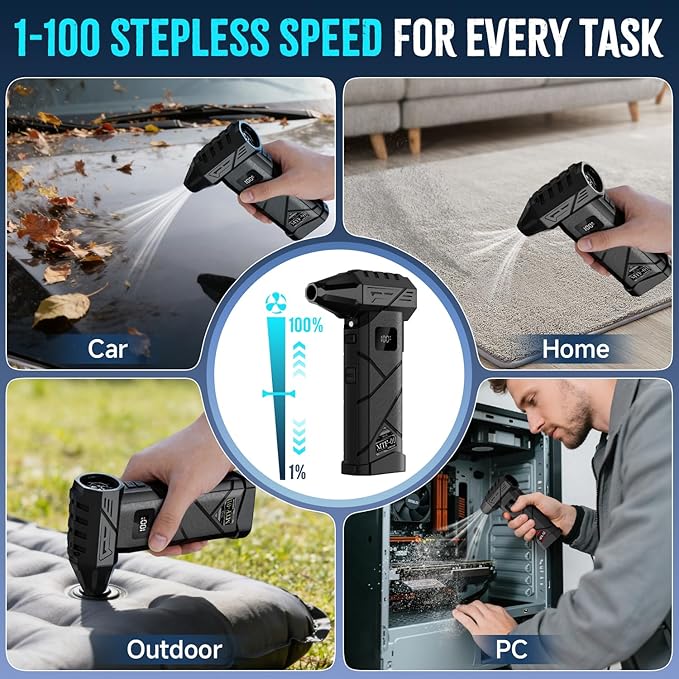 MTOX Compressed Air Duster, 150,000 RPM & 2 Spare Batteries, 2-in-1 Cordless Blower & Vacuum with LED Light, Rechargeable Electric Cleaner for Keyboard, PC Tower, Car (Deep Gray)