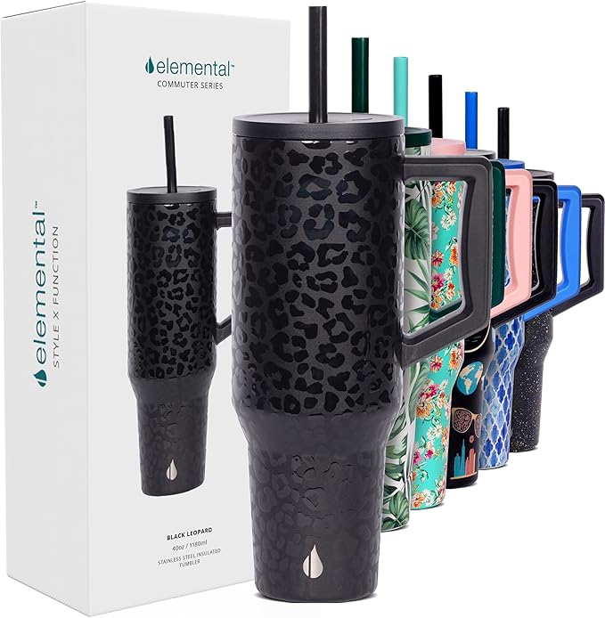 Elemental 40 oz Tumbler with Handle and Straw - Spill Proof Insulated Stainless Steel Commuter for Cold Beverages - Travel Coffee Mug with 2 Straws & Spill Proof Lid - 40oz - Black Leopard