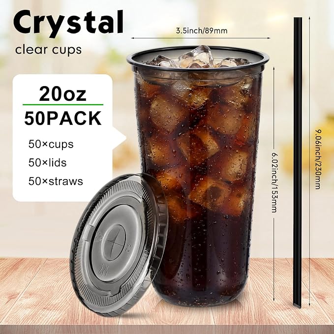 Ziliny 50 Set Black Plastic Cups with Lids and Straws, Disposable Iced Coffee PET Cups for Drinking Cold Beverage Juice Parfait Smoothie Milkshake Coffee Shops Party Supplies (20 oz)