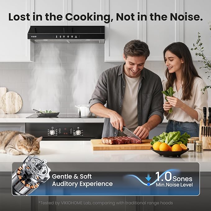 VIKIO HOME 30 Inch Under Cabinet Range Hood 900 CFM, Dual Motor Powerful Kitchen Vent Hood, Gesture & Touch Control, Ultra Quiet DC Motor, Dishwasher-Safe Filters, LED Lights, Glass Black