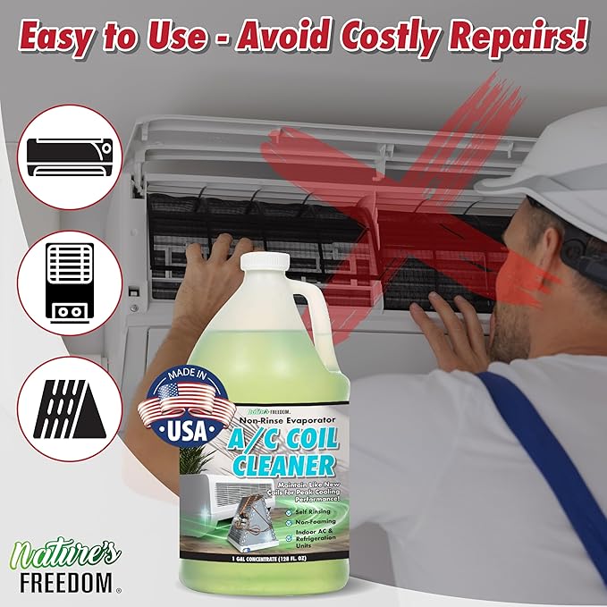 Nature's Freedom AC Coil Cleaner – 1 Gallon No Rinse Coil Cleaner for Air Conditioners, Mini Splits, Heat Pumps & Window Units – Non-Foaming, Metal-Safe Formula