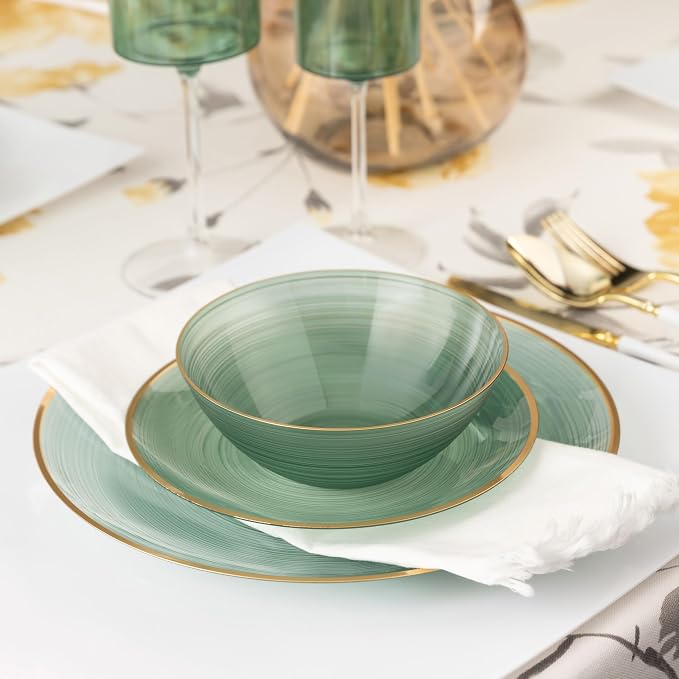 PLASTICPRO 128 Pieces Crystal Design Plastic Plates Combo Pack 7 inch and 10 inch Gold Rim Elegant Disposable Plates, Transparent Green