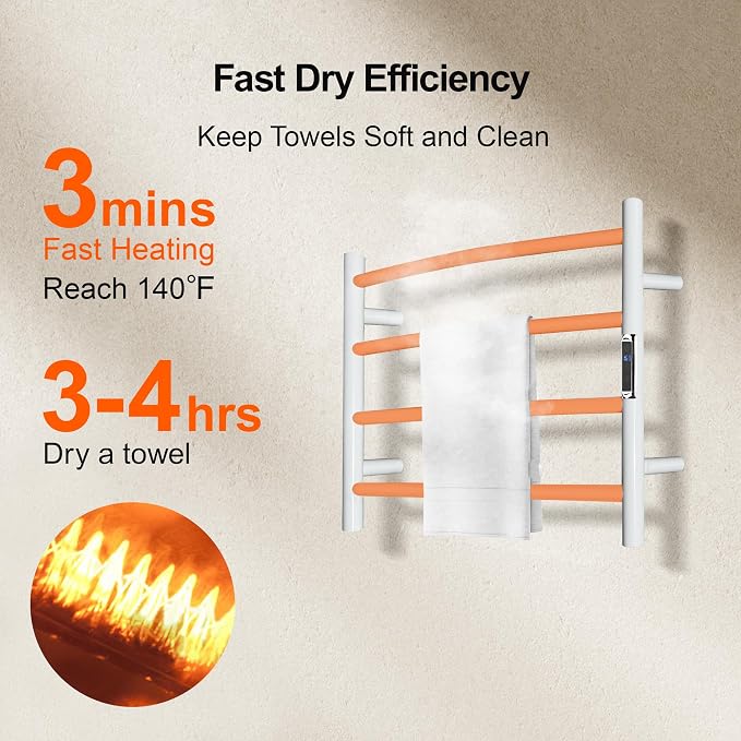 Towel Warmer with Built-in Timer Bathroom Wall Mounted Bath Towel Heater Plug-in Electric Heated Towel Rack Stainless Steel Curved Round Oil Rubbed Drying Rack 16.54x23.62x5.51 inches White