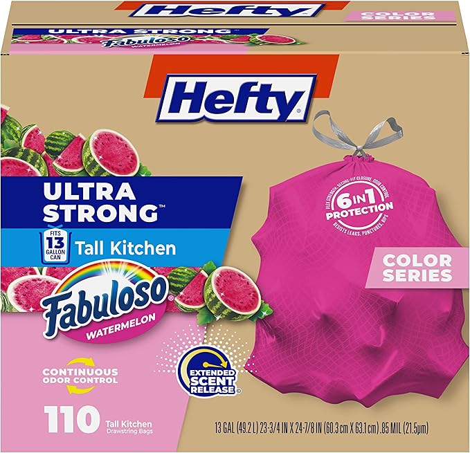 Hefty Ultra Strong 13 Gallon Trash Bags, Tall Kitchen Trash Bags 13 Gallon Size, Resist Leaks, Punctures, and Rips, Continuous Odor Control, Pink, Fabuloso Watermelon Scent, 110 Bags