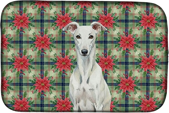 Caroline's Treasures White Greyhound Christmas PoinsettIas Dish Drying Mat Absorbent Dish Drying Mat Pad for Kitchen Counter Dish Drainer Mat for Countertop, 14 x 21", Multicolor