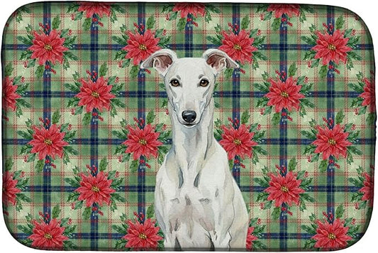 Caroline's Treasures White Greyhound Christmas PoinsettIas Dish Drying Mat Absorbent Dish Drying Mat Pad for Kitchen Counter Dish Drainer Mat for Countertop, 14 x 21", Multicolor