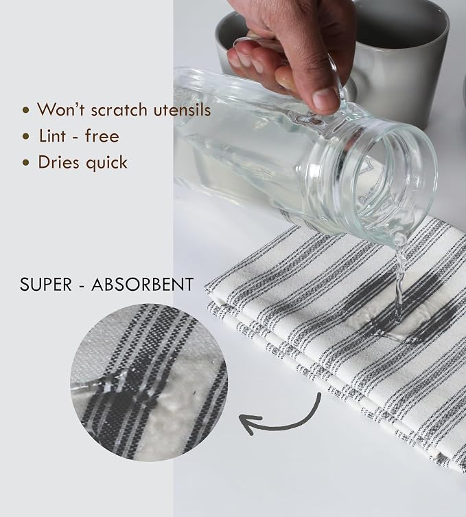 TWINY threads Set of 4 Farmhouse Stripe Kitchen Towels (18x26 Inches) Premium Tea Towels with Hanging Loop, Highly Absorbent 100% Cotton Bulk Kitchen Hand Towels for Drying Cleaning - Black