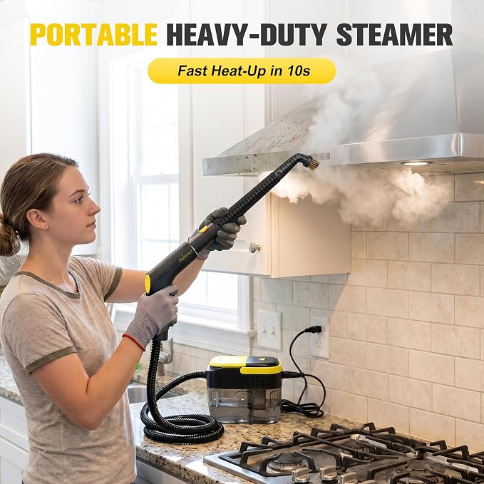 1500W Portable Steam Cleaner,10s Heat-Up,3-Level Adjustable Handle, 1.69 Quarts Large Tank,11 Pcs Accessories, Steamer for Home Dirt, Grout, Floor, Grease,and Car Detailing, Black-Yellow