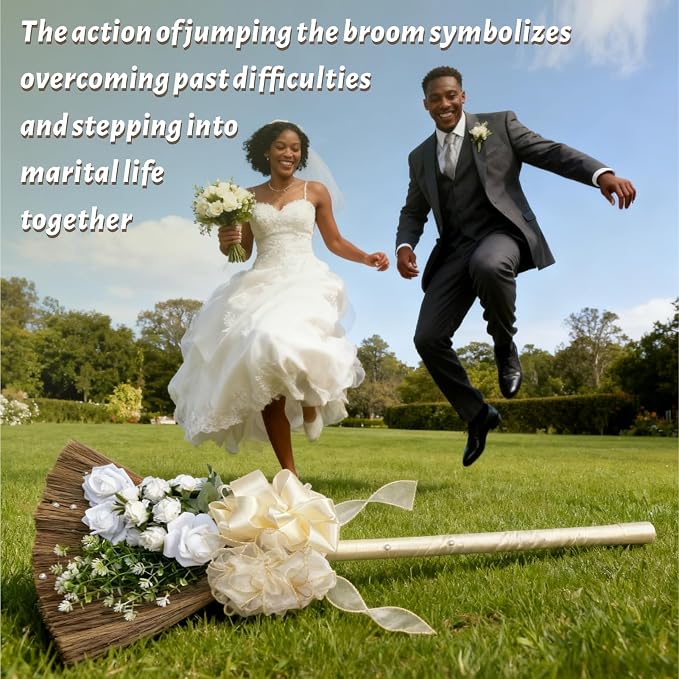 Wedding Broom for Jumping & Wedding Ceremony, DIY Decorative Broomstick with Ribbons, Artificial Pearl, Camellia, Roses - Ideal for African American Weddings