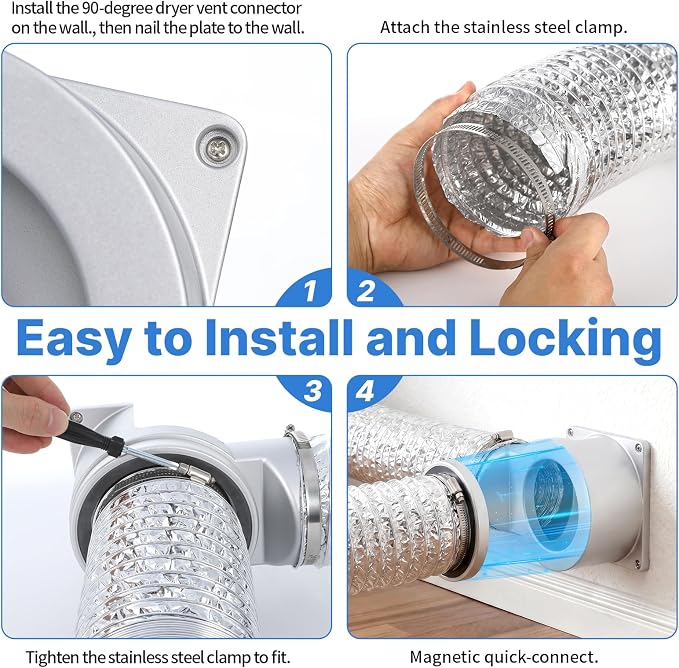 Magnetic Dryer Vent Connector Kit, DV90 Airtight Seal Coupling, 90-Degree Strong Magnet Quick Connection Self-Alignment Easy to Clean Included a 3.3 ft 4" Duct & 2 Clamps