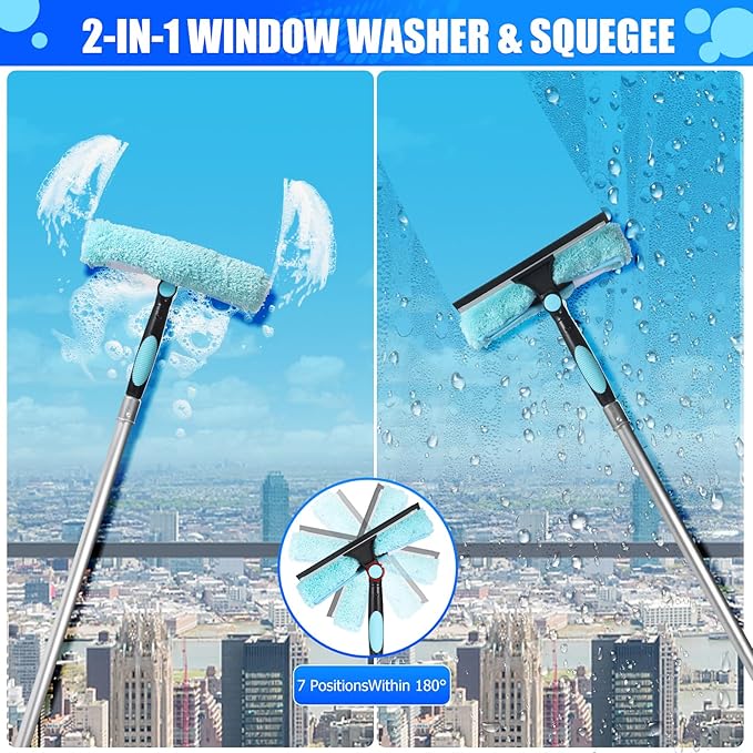 20 Foot High Reach Ceiling Duster Kit 3.6-12ft Extendable Pole with Cobweb Duster,Ceiling Fan Duster,Window Squeegee and Scrubber, Microfiber Feather for Easy Cleaning Indoor & Outdoor