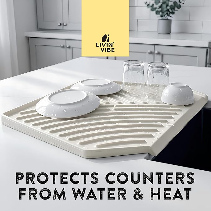 Silicone Dish Drying Mat with Drain, Self-Draining, Heat Resistant & Non-Slip Kitchen Counter Mat, Easy to Clean, Reusable, 19.3'' x 13'', Greige