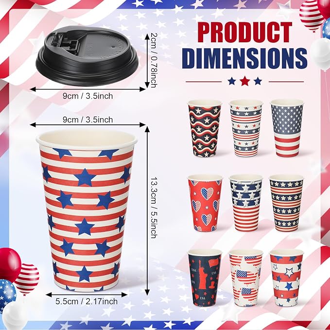 FoldTier 100 Pcs 4th of July Patriotic Disposable Coffee Cups with Lids 12 oz Red White Blue Paper Cups Independence Day Disposable Party Drinkware for Hot Cold Beverages(July 4th)