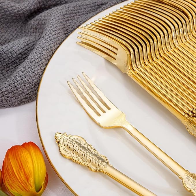 WDF 100 Piece Gold Forks Disposable - 7.48 Inch Gold Plastic Forks - Baroque Plastic Silverware for Dessert Cake - Heavy Duty for Party Wedding Daily Using Baby Shower Spring