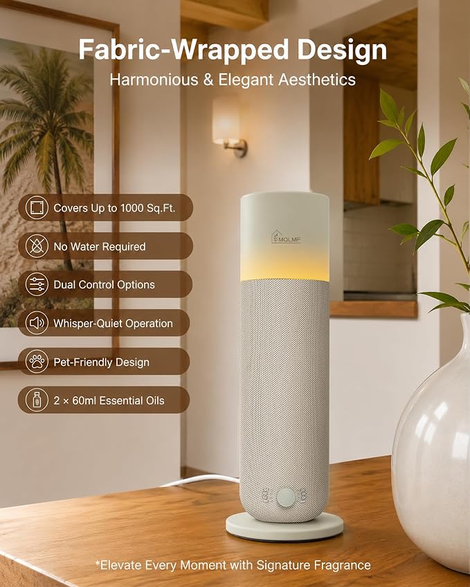 Hotel Collection Diffuser Machine,Fabric-Wrapped Design,Candlelight Atmosphere Lamp,1000 Sq Ft,Waterless Essential Oil Diffuser,Scent Air Machine for Home -Beige,Includes 2 Fragrance Oils