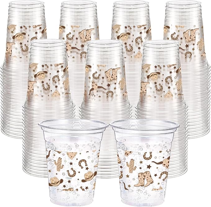 Jingmore 100 Pcs Western Plastic Cups 12 oz Clear Disposable Plastic Cowboy Cowgirl Drinking Cups Bulk for Boho Preppy Baby Shower Birthday Wild West Party Decoration Supplies(Western Cowboy,Brown)