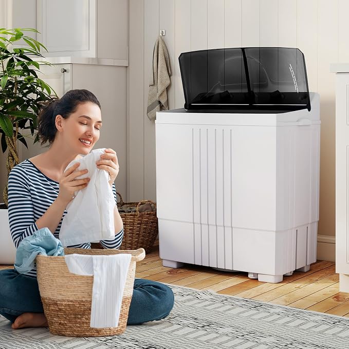 Giantex Portable Washing Machine, 20 LBS Washer & Spinner Combo with Built-in Drain Pump & Time Control, Compact Twin Tub 12 LBS Washing & 8 LBS Spin Drying for Apartment Dorm RV (Black+White)
