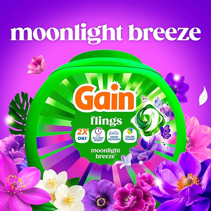 Gain Flings Liquid Washing Detergent Pacs with Odor Defense + Color Guard, Moonlight Breeze Scent, 4-In-1 Liquid Laundry Detergent Pods, Clean & Fresh, 60 Count (Packaging May Vary)