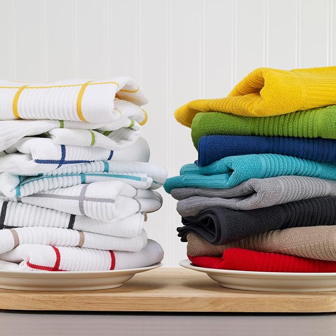 T-Fal Solid & Checked Parquet Kitchen Towels: Highly Absorbent, Super Soft Long Lasting - 100% Cotton, 16"x26" Dish Towels for Cleaning & Drying Dishes, Pans, Glassware, Countertops, 6-Pack, Breeze