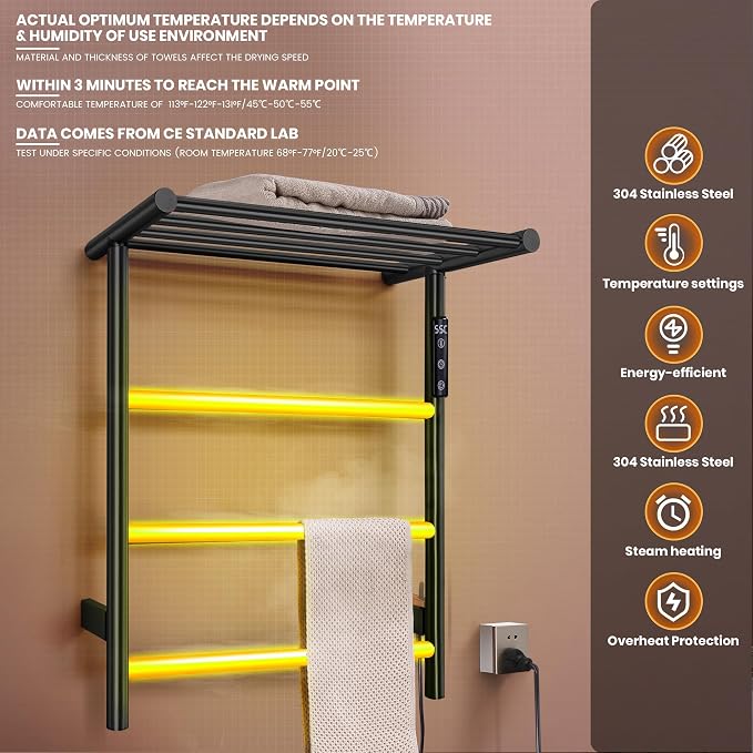 Towel Warmer Wall Mounted with 3 Electric Stainless Steel Heated Bars, Hot Towel Rack for Bathroom, Plug-in BathTowel Heater with Built-in Timer, Matte Black