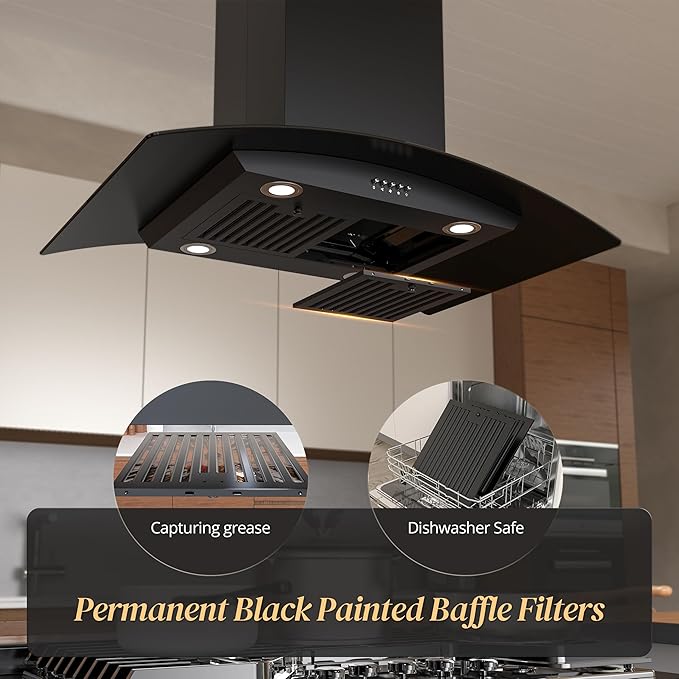FIREGAS 36 inch Island Range Hood 700 CFM, Ducted/Ductless Convertible Stove Hood3-Speed Fan, LED Lights, Button Control Ceiling Mount Range Hood Vent for Kitchen