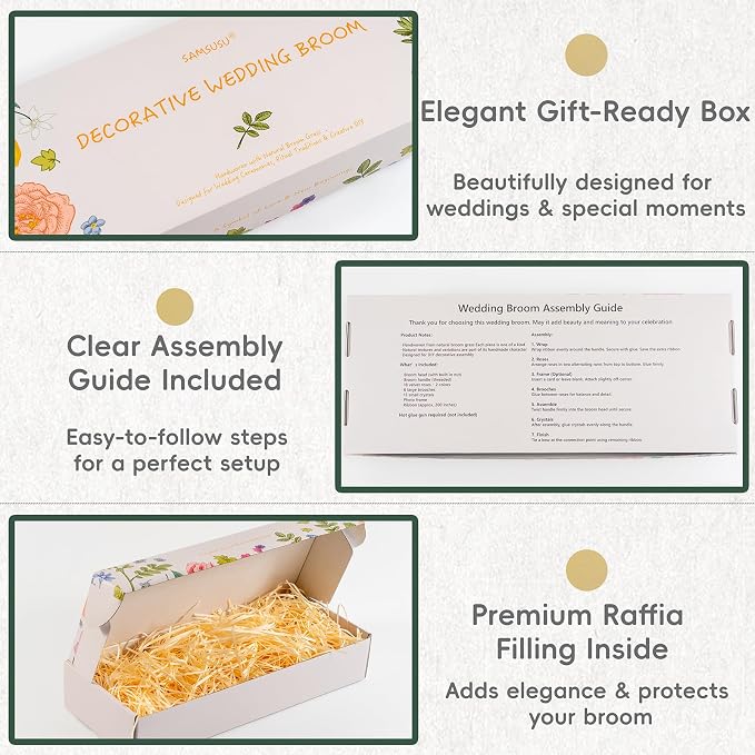 Wedding Broom for Jumping the Broom Ceremony - 40" Handcrafted with Natural Broom Corn, Velvet Roses, Crystals & Photo Frame, DIY Kit (Green & Gold, Premium Gift Box)