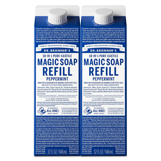 Dr. Bronner's Magic Soap-Pure-Castile Liquid Refill (Peppermint, 32 ounce, 2-Pack) - Regenerative Organic Certified Oils, For Body, Hair, Laundry, Pets & Dishes, Concentrated, Vegan, Non-GMO