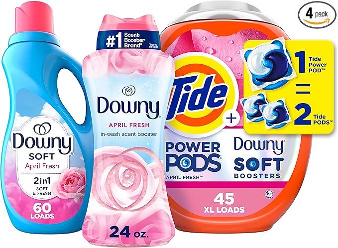Tide and Downy Ultimate Clean Bundle: 45ct Power Pods, 24oz Scent Booster Beads, and 44oz Liquid Fabric Softener