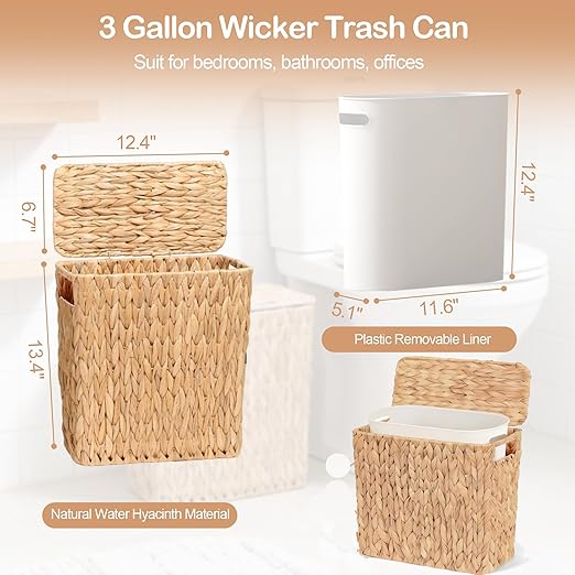 3 Gallon Wicker Trash Can with Lid and Removable Liner, Natural Water Hyacinth Handwoven Bathroom Waste Basket for Bedroom,Toilet, Living Room, Under Sink, Kitchen (No Brush)